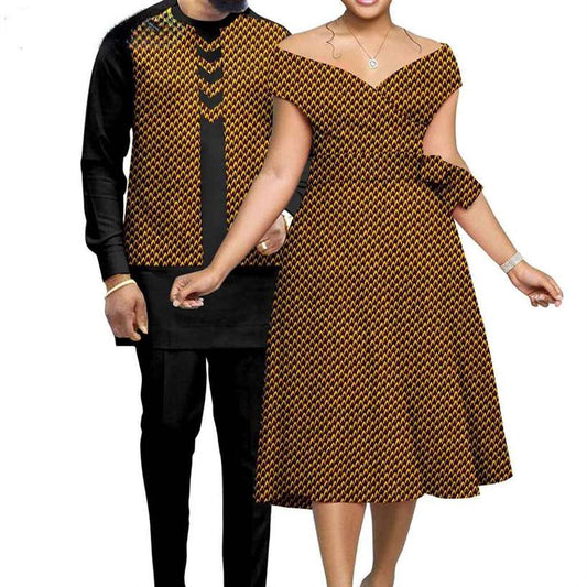 Couple Clothes African Print A-line Women Dresses Men Sets CC018-2