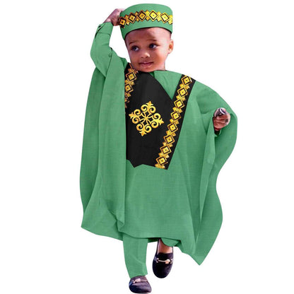 Dashiki Outfits Embroidery Robe Top and Pants Matching Hat Sets