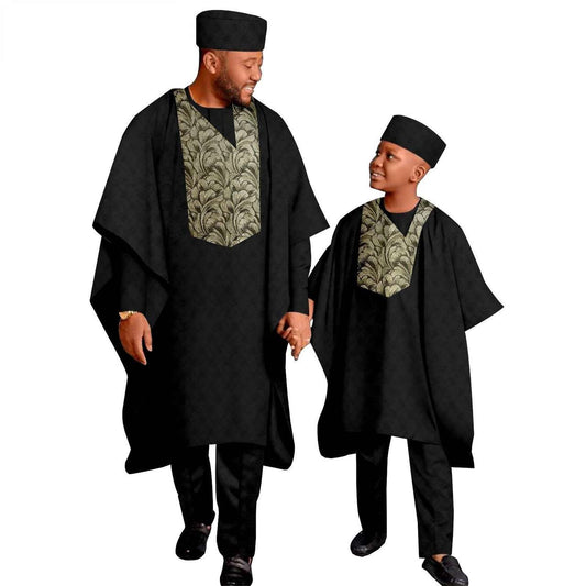 African Outfits Father and Son Top and Pant Robe Hat Sets