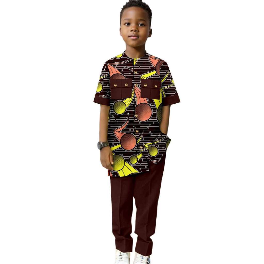 Dashiki Boys Outfits Casual Print Button Top Shirt and Pant Sets