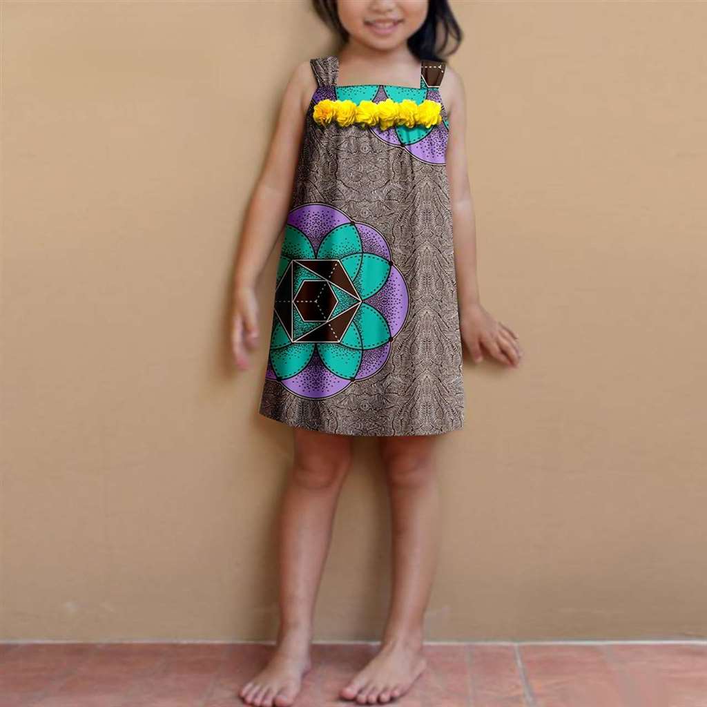 Summer Dashiki Girls Print Flower Knee-length Dresses Outerwear