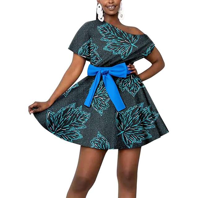 African Dresses Casual Midi Party Short Sleeve Off Shoulder