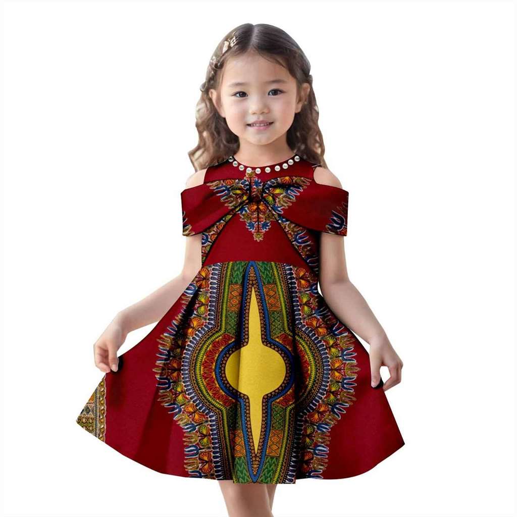 Girls Ankara Print Beading Bow Tie Metallic Party Dresses