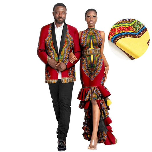 African Couple Print Ruffles Dresses Match Men Outfits Sets