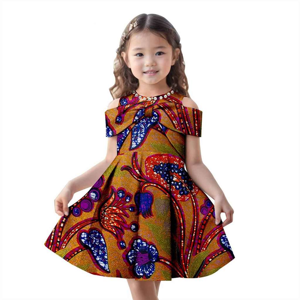 Girls Ankara Print Beading Bow Tie Metallic Party Dresses