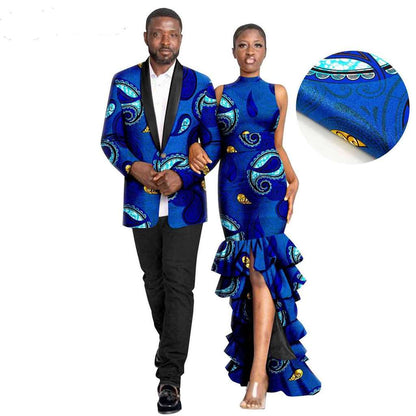 African Couple Print Ruffles Dresses Match Men Outfits Sets CC044