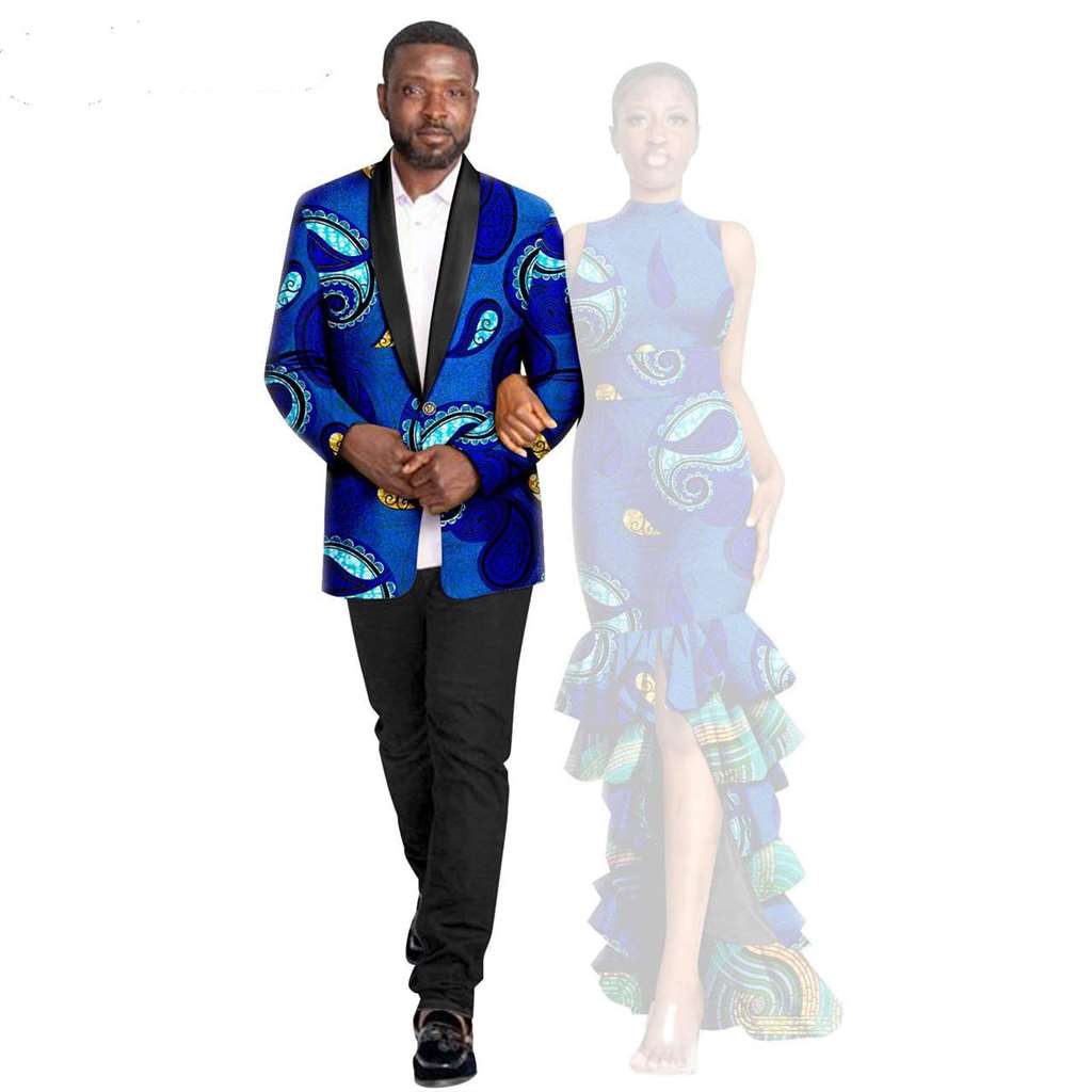 African Couple Print Ruffles Dresses Match Men Outfits Sets CC044