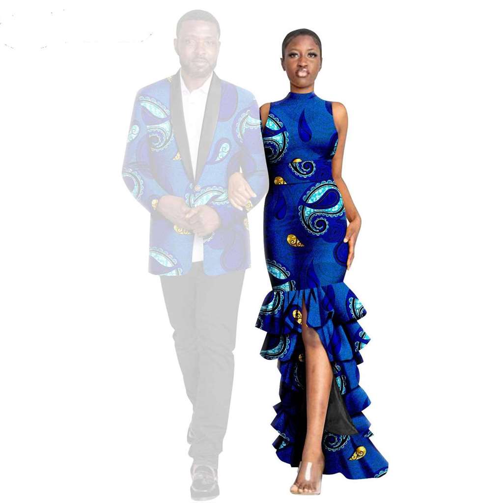 African Couple Print Ruffles Dresses Match Men Outfits Sets CC044