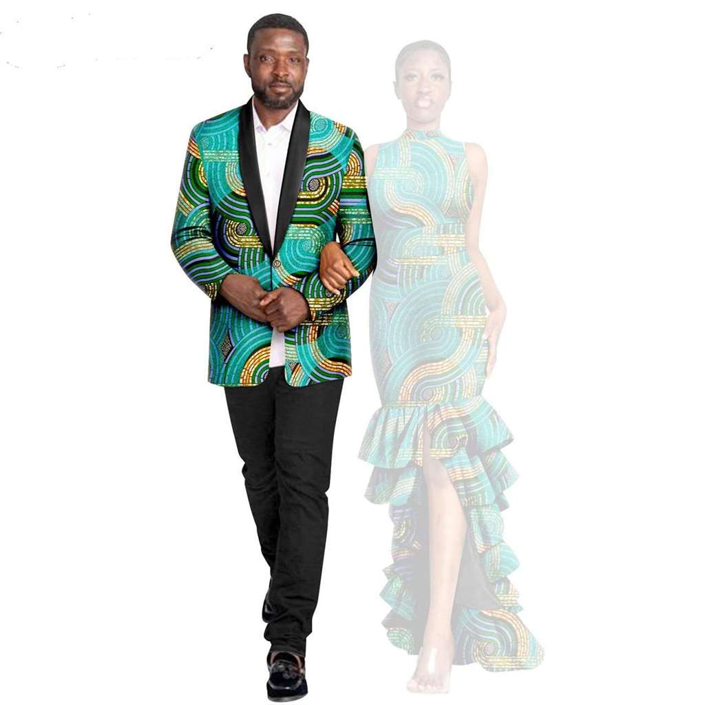 African Couple Print Ruffles Dresses Match Men Outfits Sets CC044