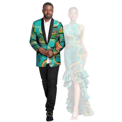 African Couple Print Ruffles Dresses Match Men Outfits Sets CC044