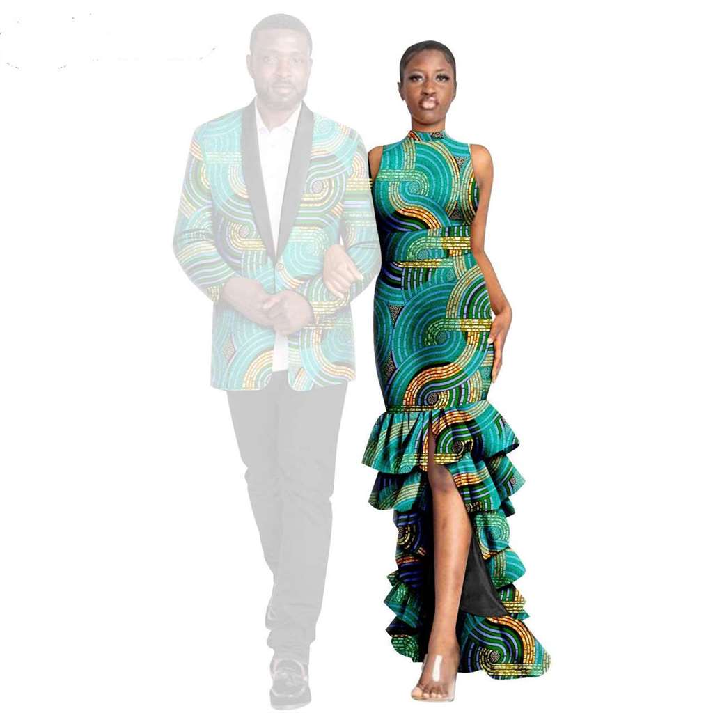 African Couple Print Ruffles Dresses Match Men Outfits Sets CC044