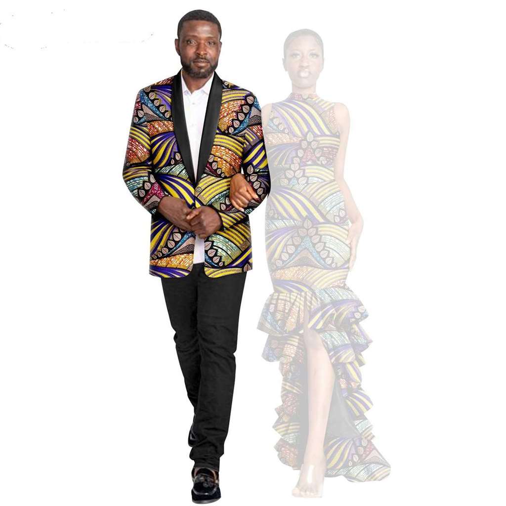 African Couple Print Ruffles Dresses Match Men Outfits Sets CC044