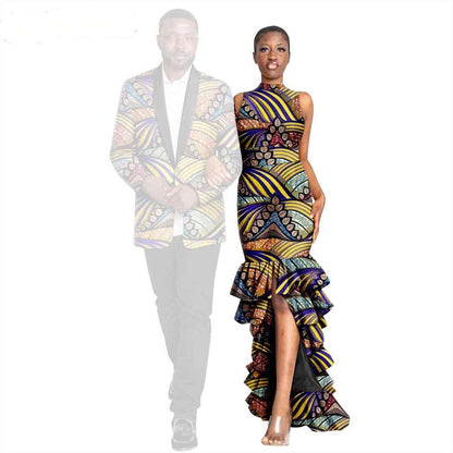 African Couple Print Ruffles Dresses Match Men Outfits Sets CC044