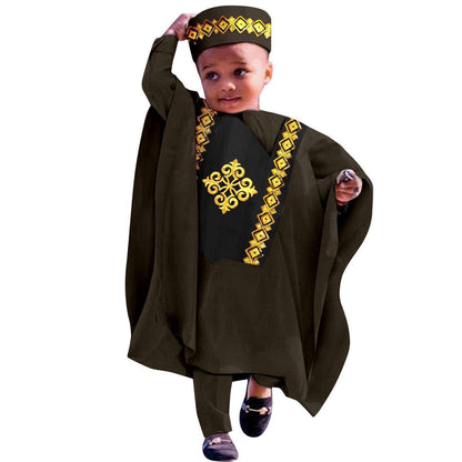 Dashiki Outfits Embroidery Robe Top and Pants Matching Hat Sets