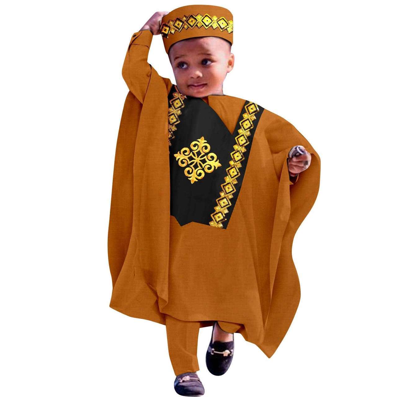 Dashiki Outfits Embroidery Robe Top and Pants Matching Hat Sets