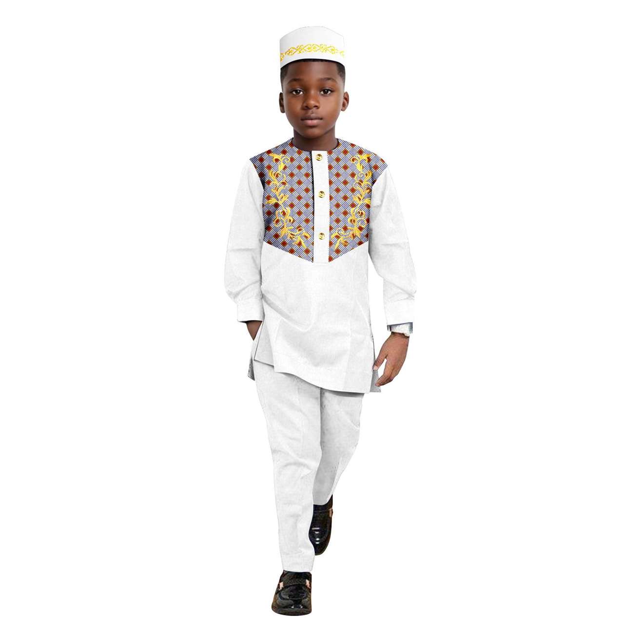 African Clothes for Boys Outfits Print Appliques Shirt and Pant Sets