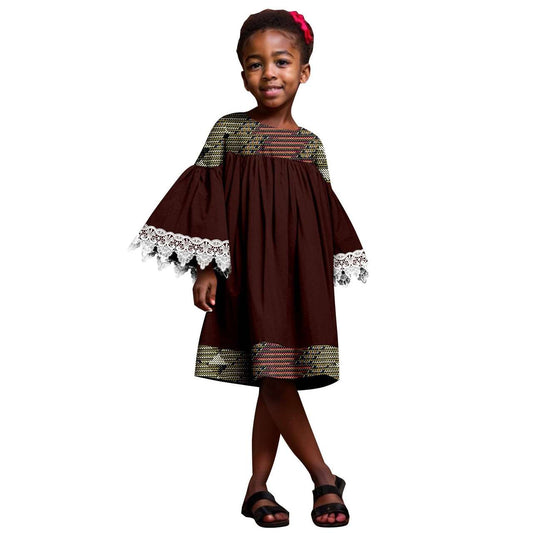 African Ankara Print Patchwork Dress for Kids Flare Sleeve Knee-length