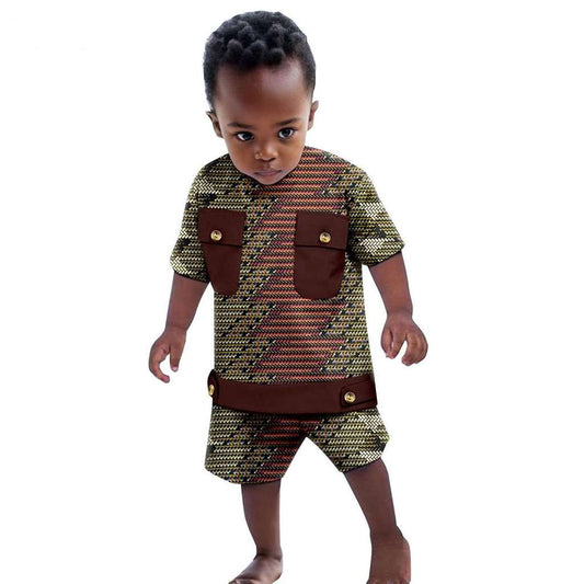 Boys Outfits Dashiki Summer Cotton Print Top and Pant Sets