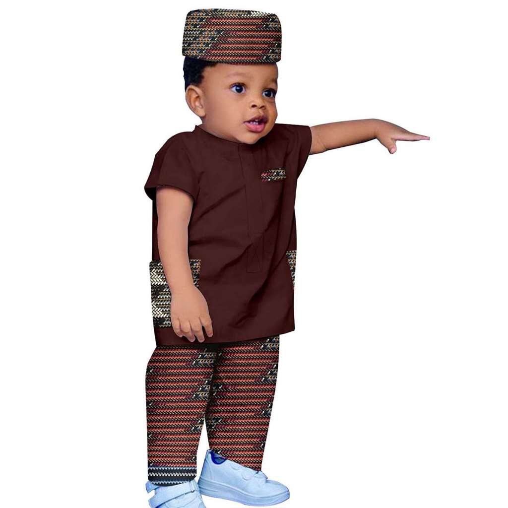 Boy Outfit Print Short Sleeve Top and Pant Hat 3 Pieces Muslim Sets