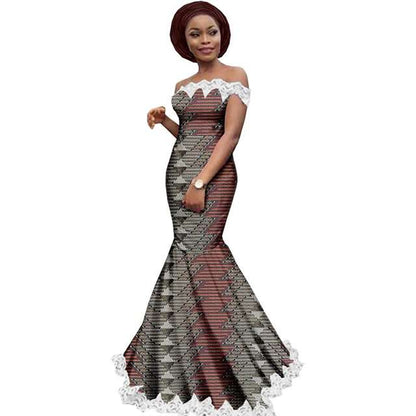 Women Ankara Strapless Lace Party Dress with Head Wrap