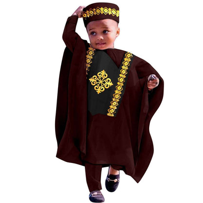 Dashiki Outfits Embroidery Robe Top and Pants Matching Hat Sets