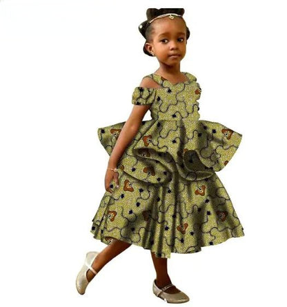 Girls African Clothes Ankara Print Double Layer Ruffles Dresses