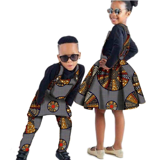 Boys Ankara Jumpsuit Bib Outfits Match Girls Print Suspender Skirts