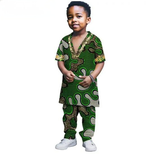 African Clothes Outfits Summer Cotton Print Pant Sets KID039