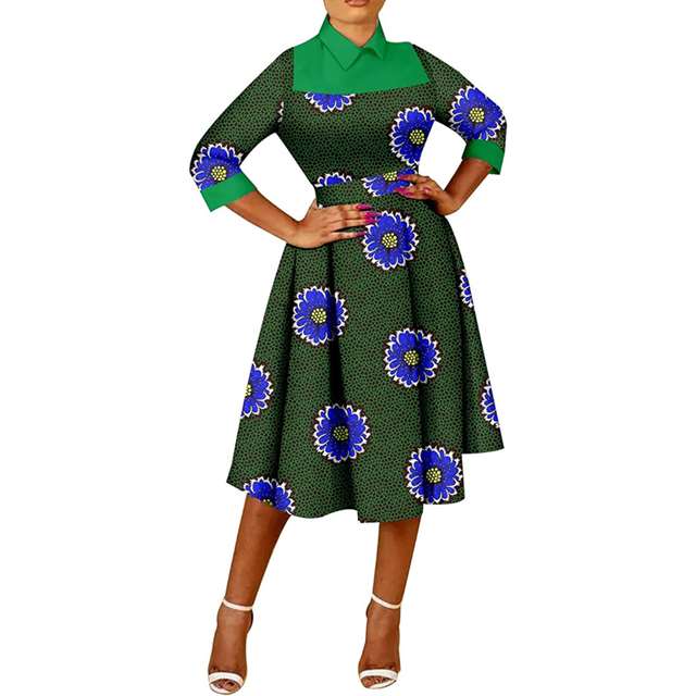 African Dresses Ankara Casual A-line Midi Print Party Wedding