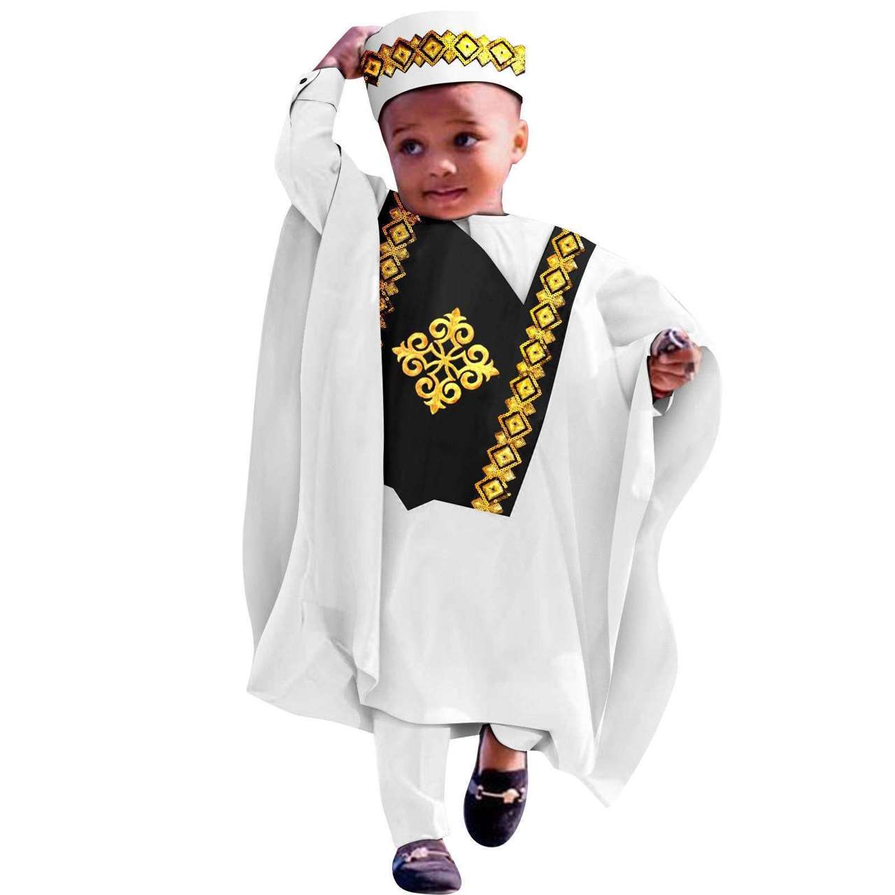 Dashiki Outfits Embroidery Robe Top and Pants Matching Hat Sets