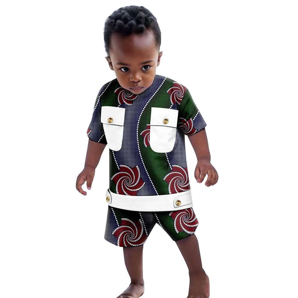 Boys Outfits Dashiki Summer Cotton Print Top and Pant Sets