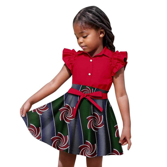 African Dresses Girls Petal Sleeve Print Bow tie Dress