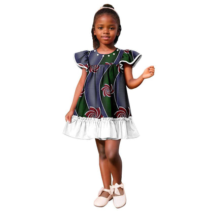 Girls Ankara Print A-line Dresses Ruffle Puff Sleeve Dress KID078