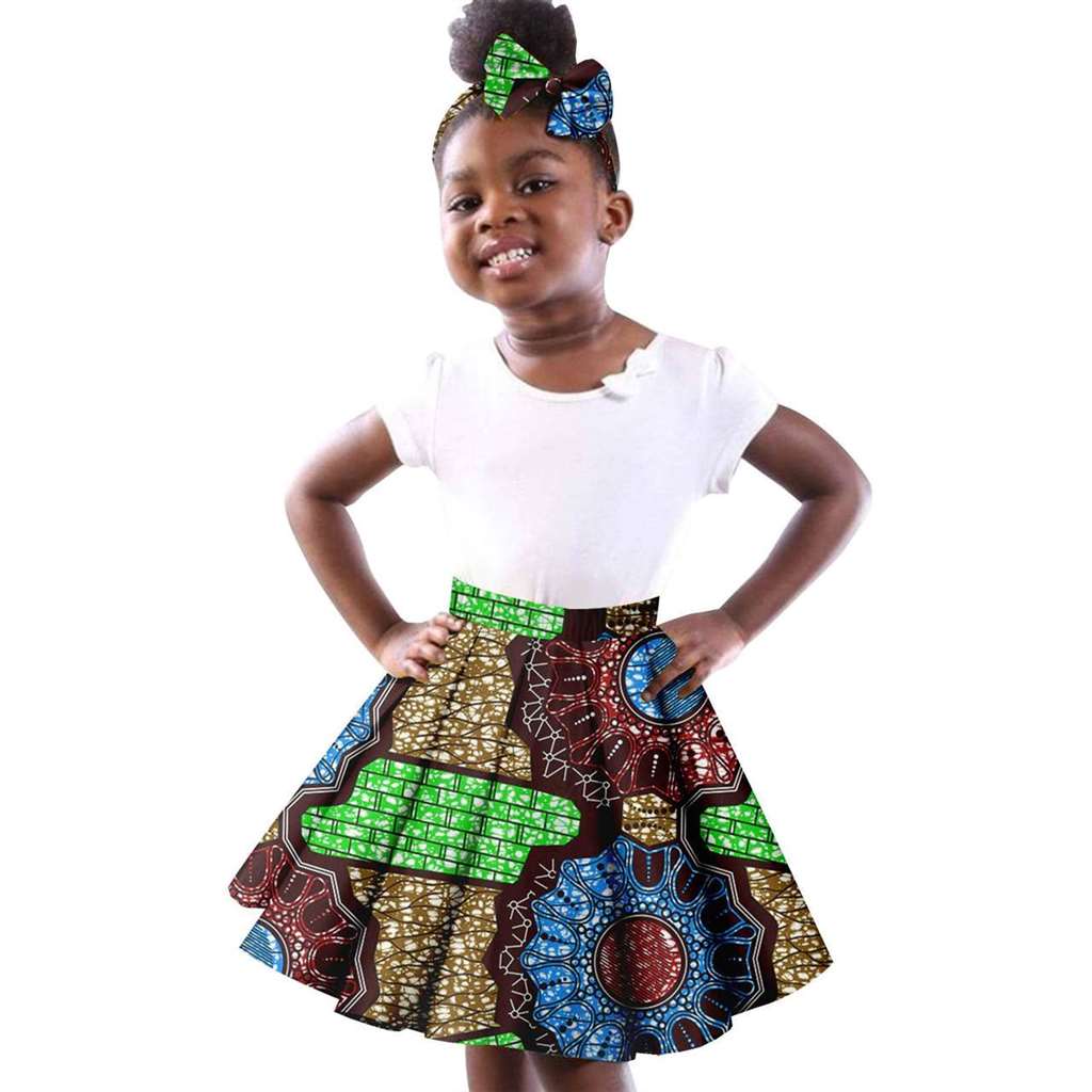 Girls White Top Tee and Print Skirts Sets Matching Bow tie Head wrap