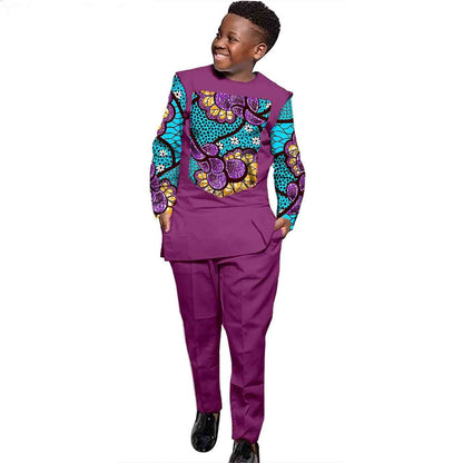 Boys Outfits Print Patchwork Long Sleeve Top and Pants Ankara Suits