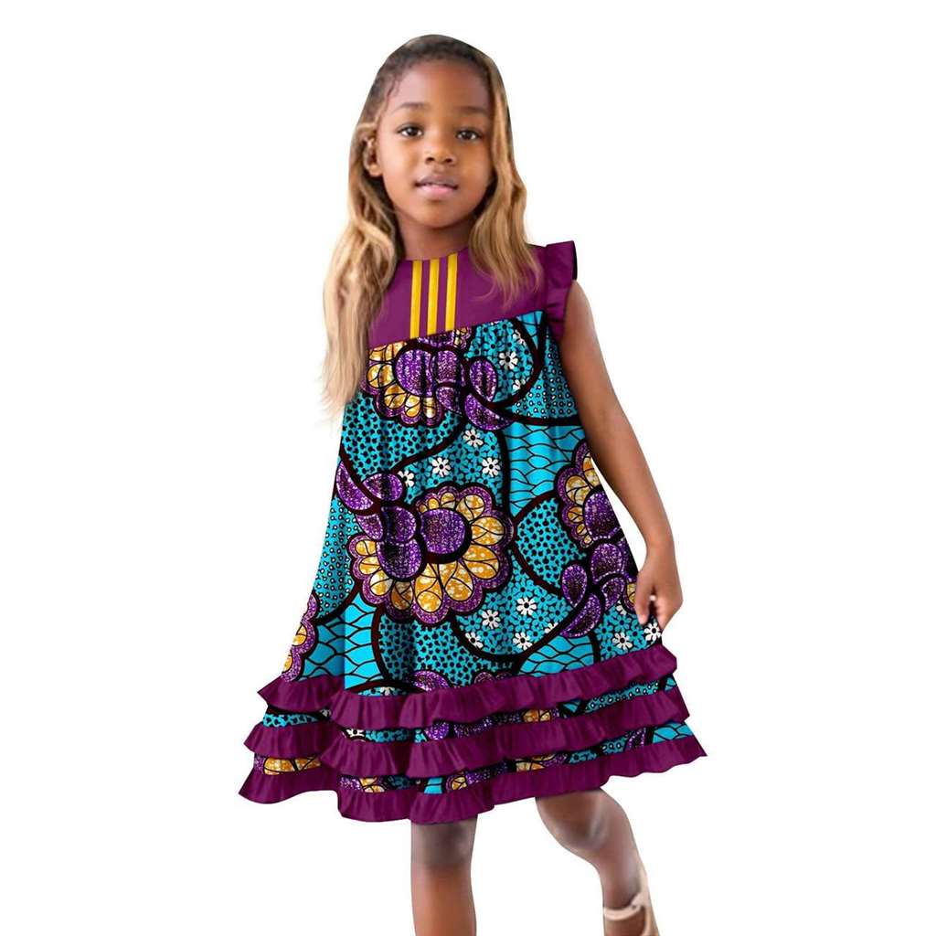 African Clothes Ankara Print A-line Dresses Sleeveless Ruffles Dress