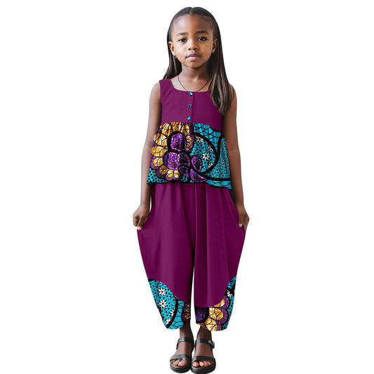 African Sleeveless Top and Wide Pant Sets Girls Summer Outfits