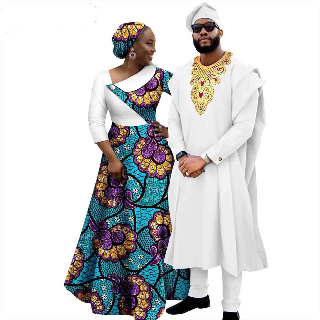 African Print Long Dresses for Women Match Men Robe Sets