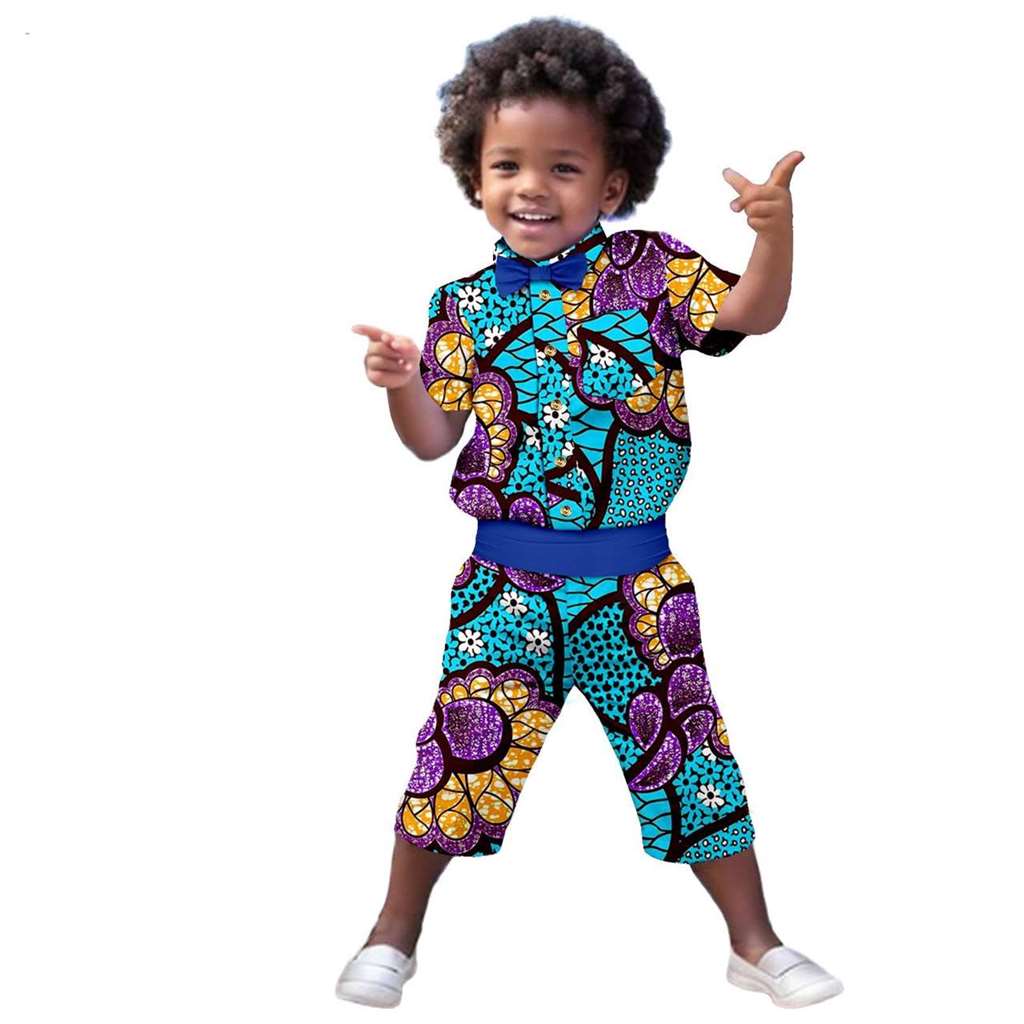 Boys Print Bow tie Top Shirt and Pant Sets Ankara Outerwear