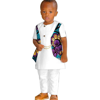 Boy Summer Print False Two-piece Suit Top and Pant Sets KID077