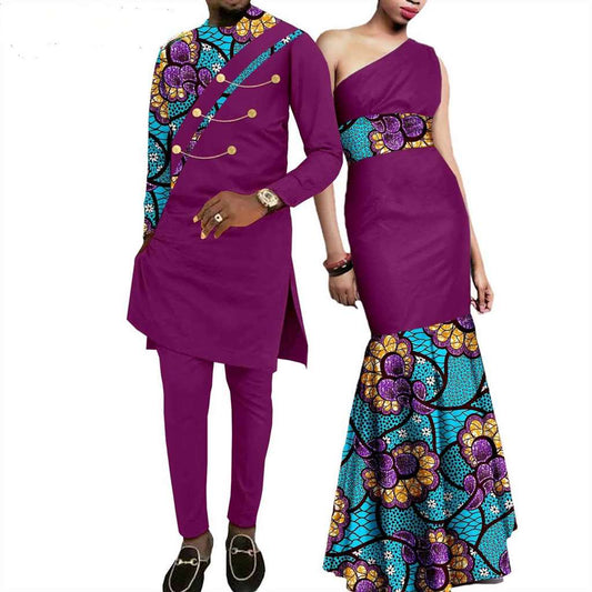 African Print Long Dresses Match Men Outfits Patchwork sets