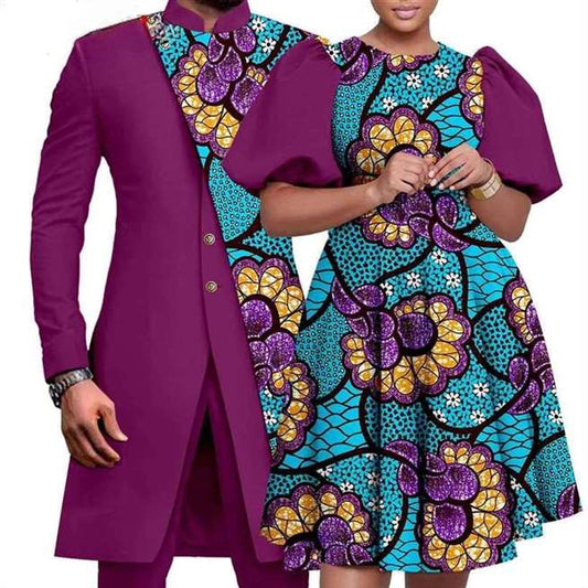 Women Print Dresses Match Men Patchwork Jacket and Pant Sets