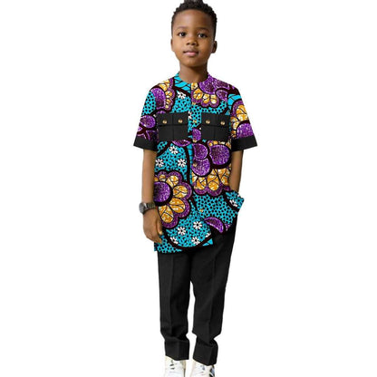 Dashiki Boys Outfits Casual Print Button Top Shirt and Pant Sets