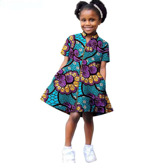 Girls Summer Casual Short Sleeve A-line Ankara Print Dresses