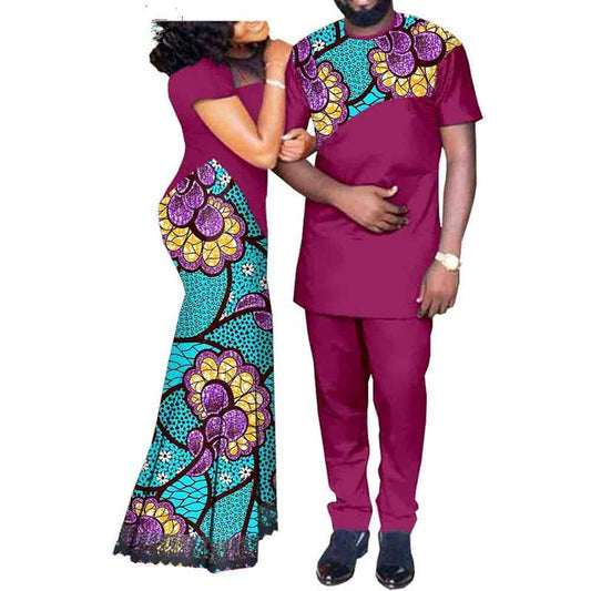 Lover couple Outfit Lace Long Dresses Men Top and Pants Sets