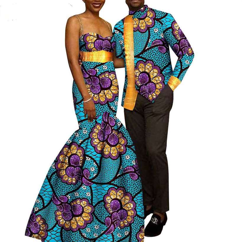 African Mermaid Print Dresses Match Men suits Sets