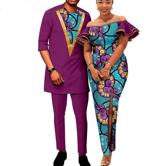 African Couple Outfits Women Sleeve Fit Dresses Match Men Sets CC019-1