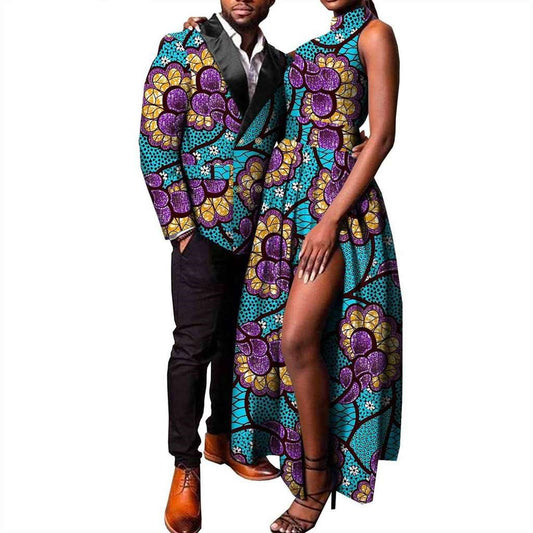 Print Long Dresses Match Men Blazer Double Breasted Jackets