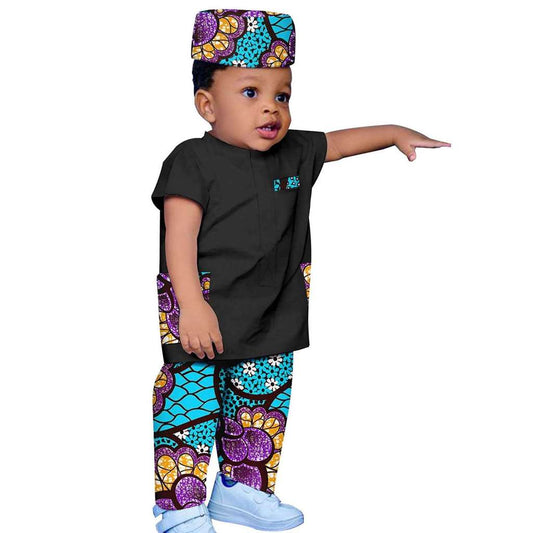 Boy Outfit Print Short Sleeve Top and Pant Hat 3 Pieces Muslim Sets