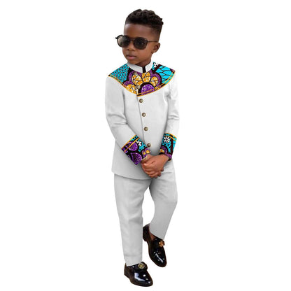 Boy Suits Dashiki Stand Jacket Button Bright Silk Top and Pant Sets